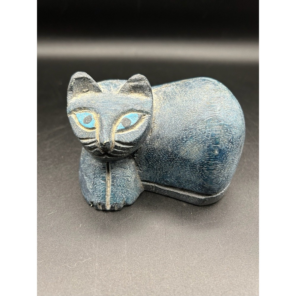 VTG AMP Wooden Blue Folk Art Cat Kitten Wood Figurine Made In Thailand